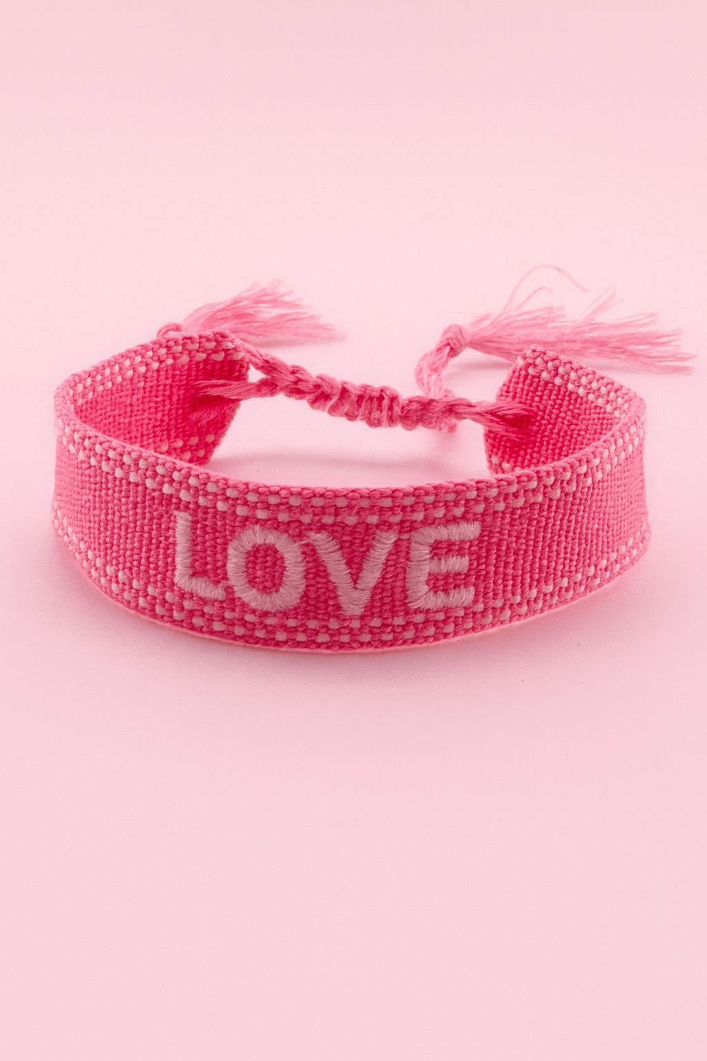 Strawberry pink & white Love adjustable woven bracelet