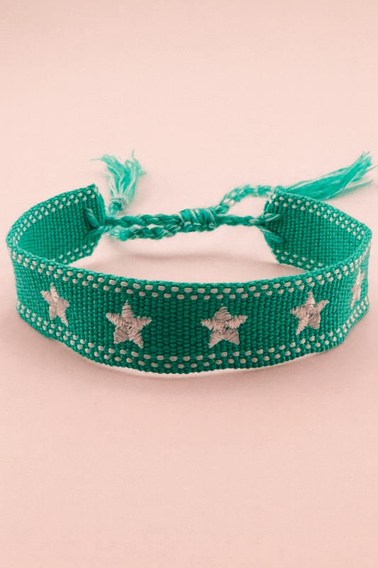 Teal white star adjustable woven bracelet