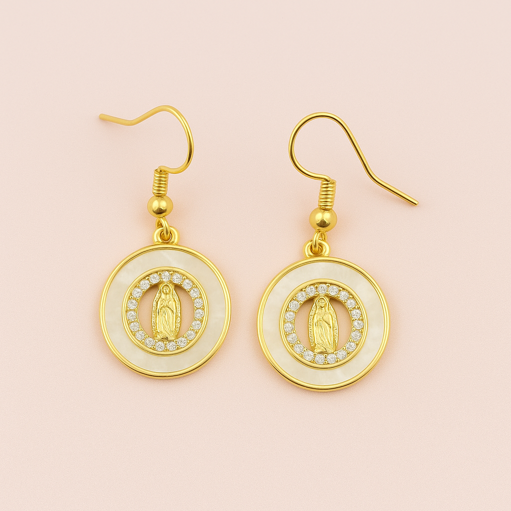 Virgin of Guadalupe mother of pearl dangling earrings