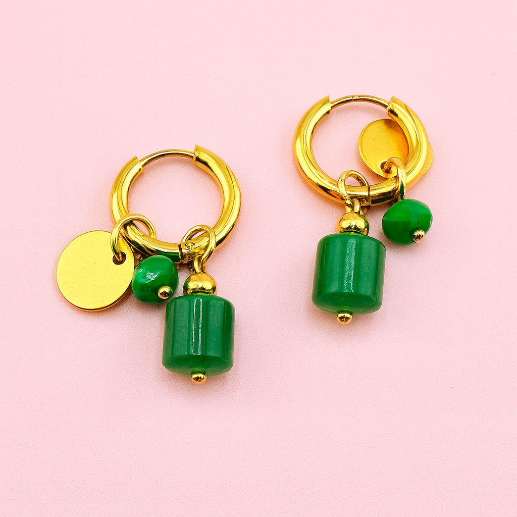 Green charm dangle earrings in 18k gold filled