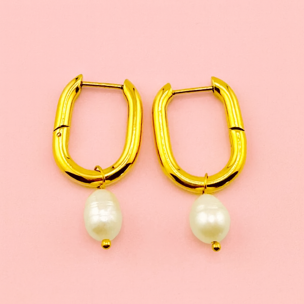 Pearl long 18k hoop earrings