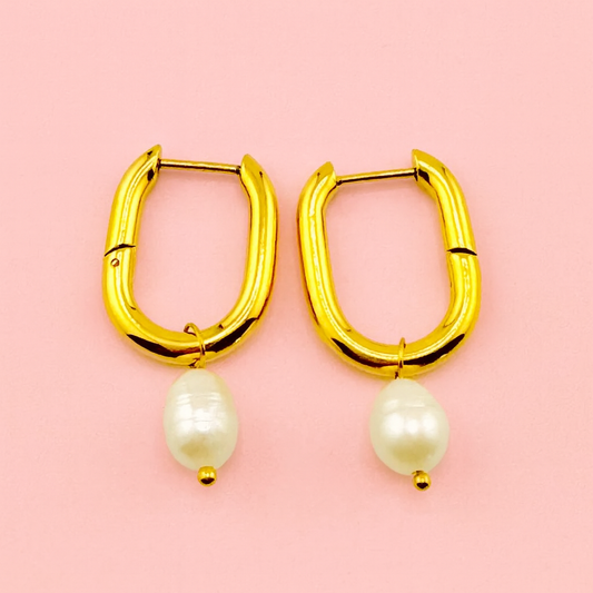 Pearl long 18k hoop earrings