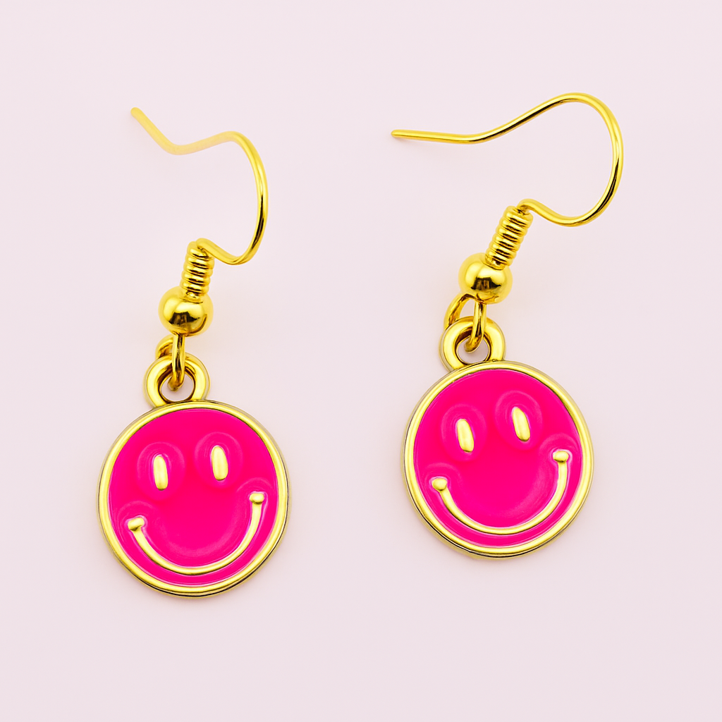 Hot pink dangle smiley faces gold filled earrings