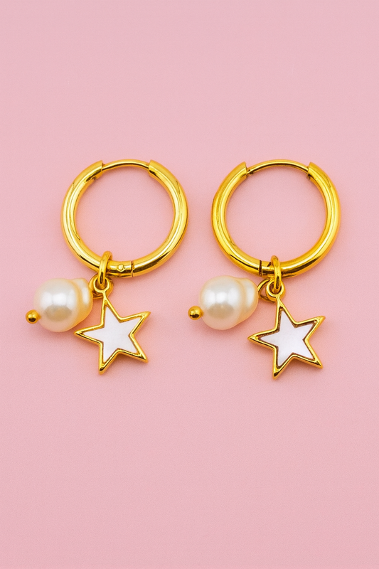 Twinkle twinkle little star dangling 18k gold filled earrings with fresh water pearl
