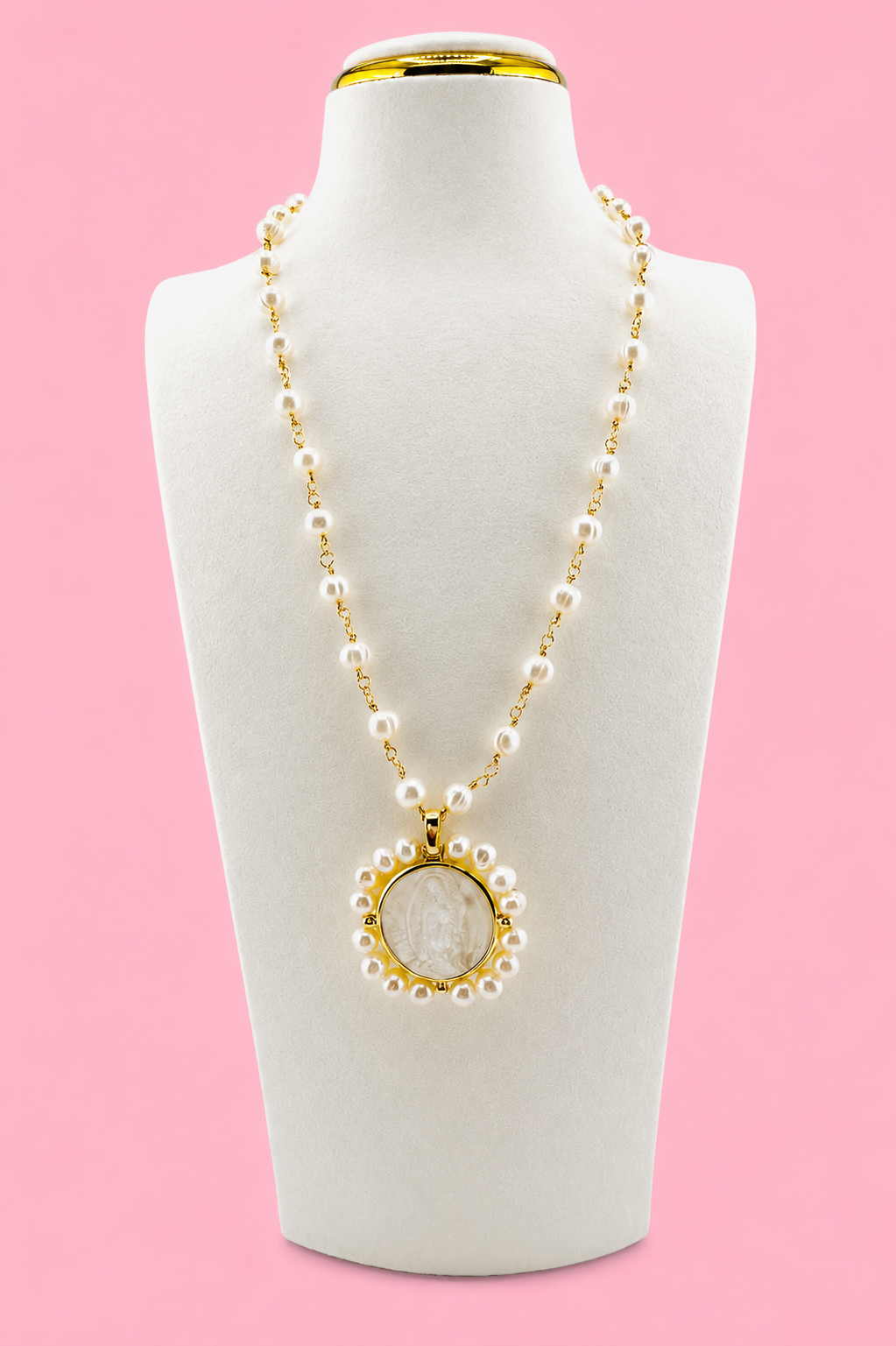 Virgen of Guadalupe fresh water pearls necklace with 18k gold filled