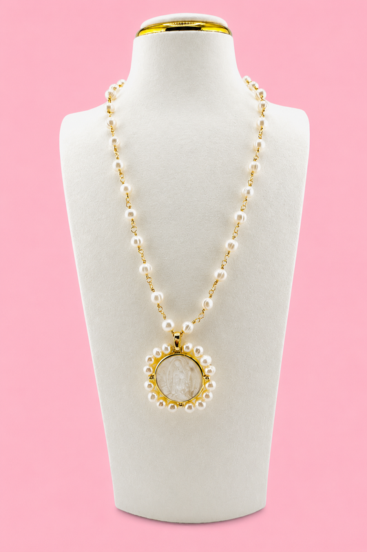 Virgen of Guadalupe fresh water pearls necklace with 18k gold filled