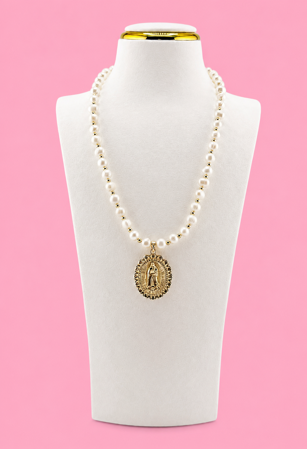 Virgin of Guadalupe gold filled and rhinestones and fresh water pearls