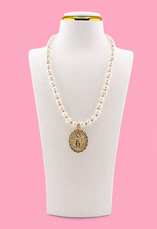 Virgin of Guadalupe gold filled and rhinestones and fresh water pearls