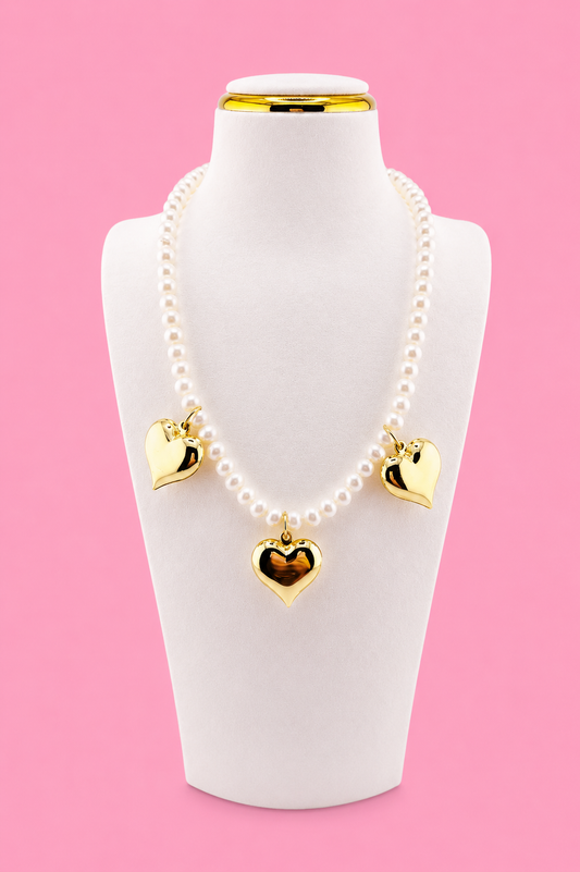 Estela triple heart necklace with fresh water pearls