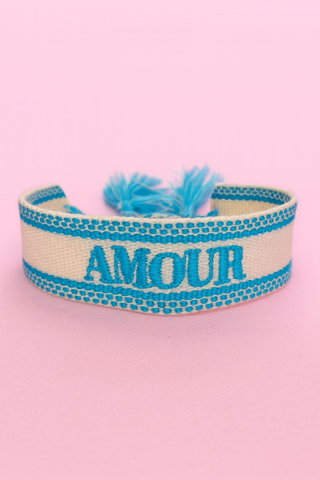 Amour blue and beige adjustable woven bracelet