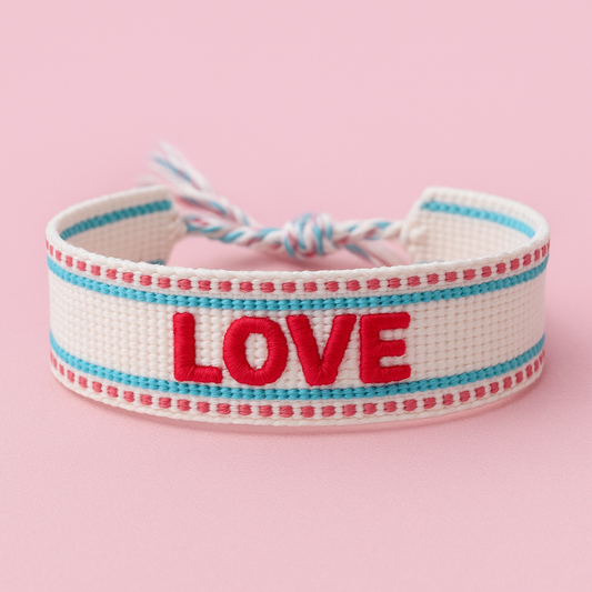 Love white, Magenta, & blue adjustable woven bracelet