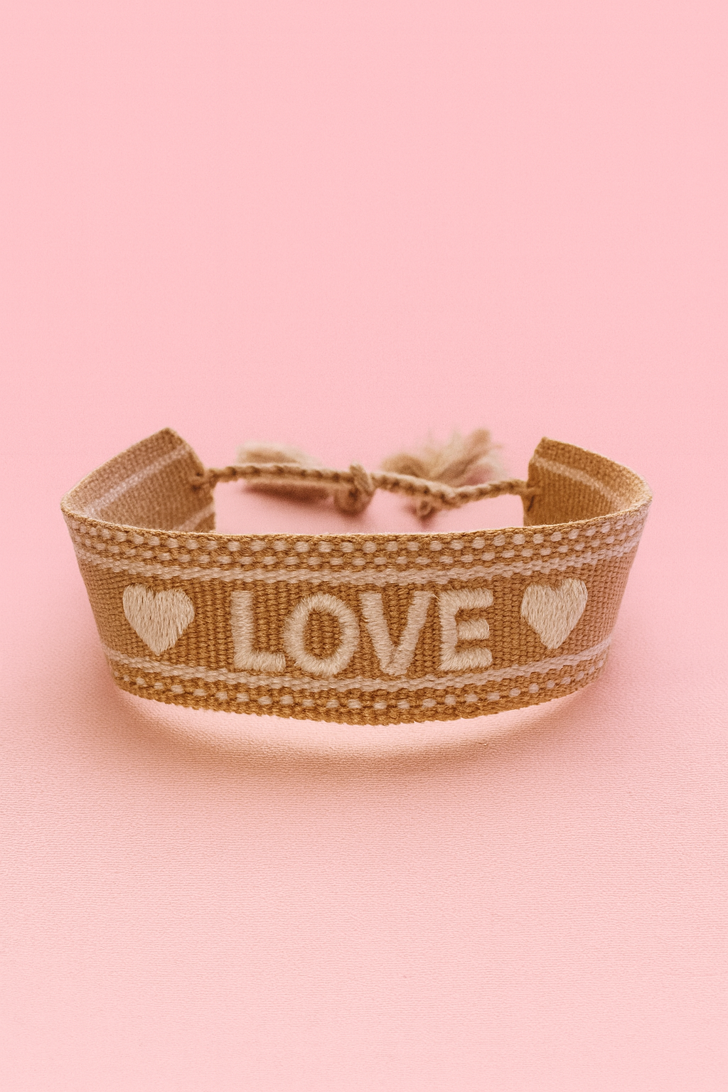 Love caramel brown with white hearts adjustable woven bracelet