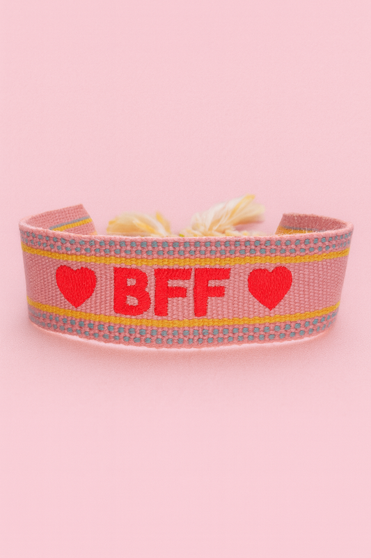 BFF pink, yellow, & blue hearts adjustable woven bracelet