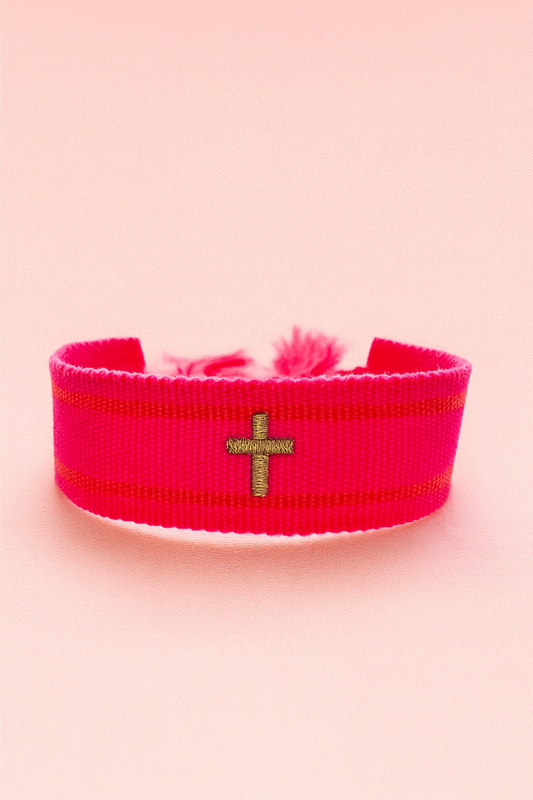 Cross in gold & neon pink adjustable woven bracelet