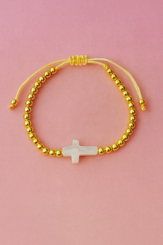 Gamboa gold filled, mother of pearl cross adjustable bracelet