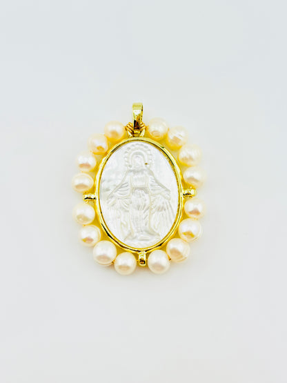 Virgin Mary fresh water pearls 18k gold filled in mother of pearl pendant