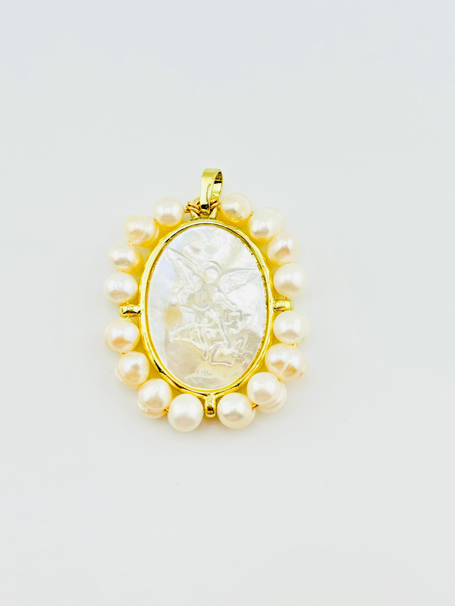 Archangel Michael fresh water pearl 18k gold filled mother of pearl pendant