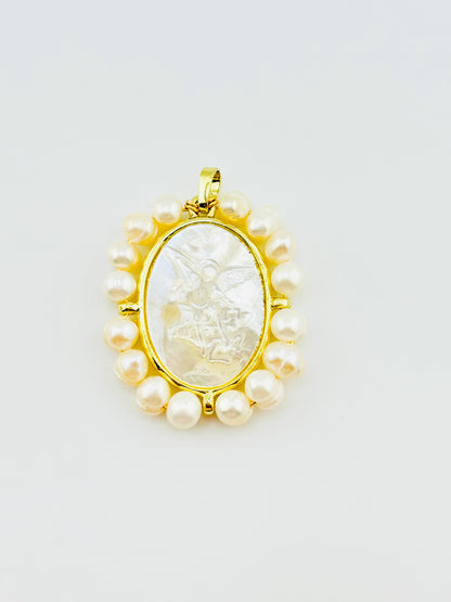 Archangel Michael fresh water pearl 18k gold filled mother of pearl pendant