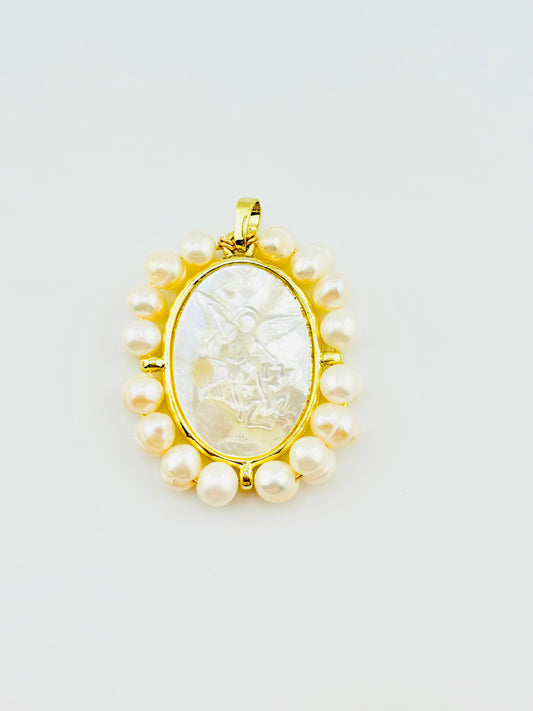 Archangel Michael fresh water pearl 18k gold filled mother of pearl pendant