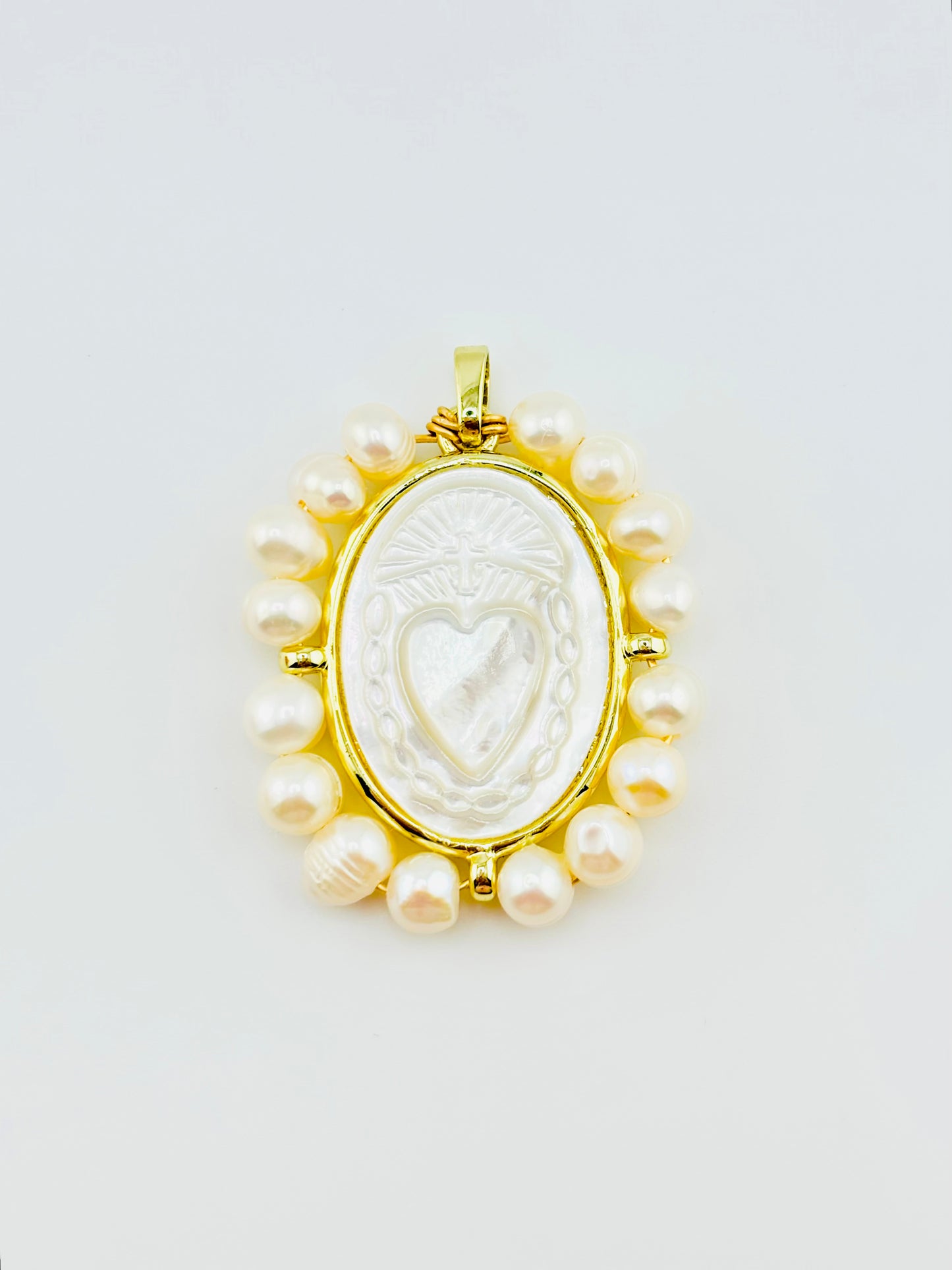 Sacred heart fresh water pearl 18k gold filled mother of pearl pendant