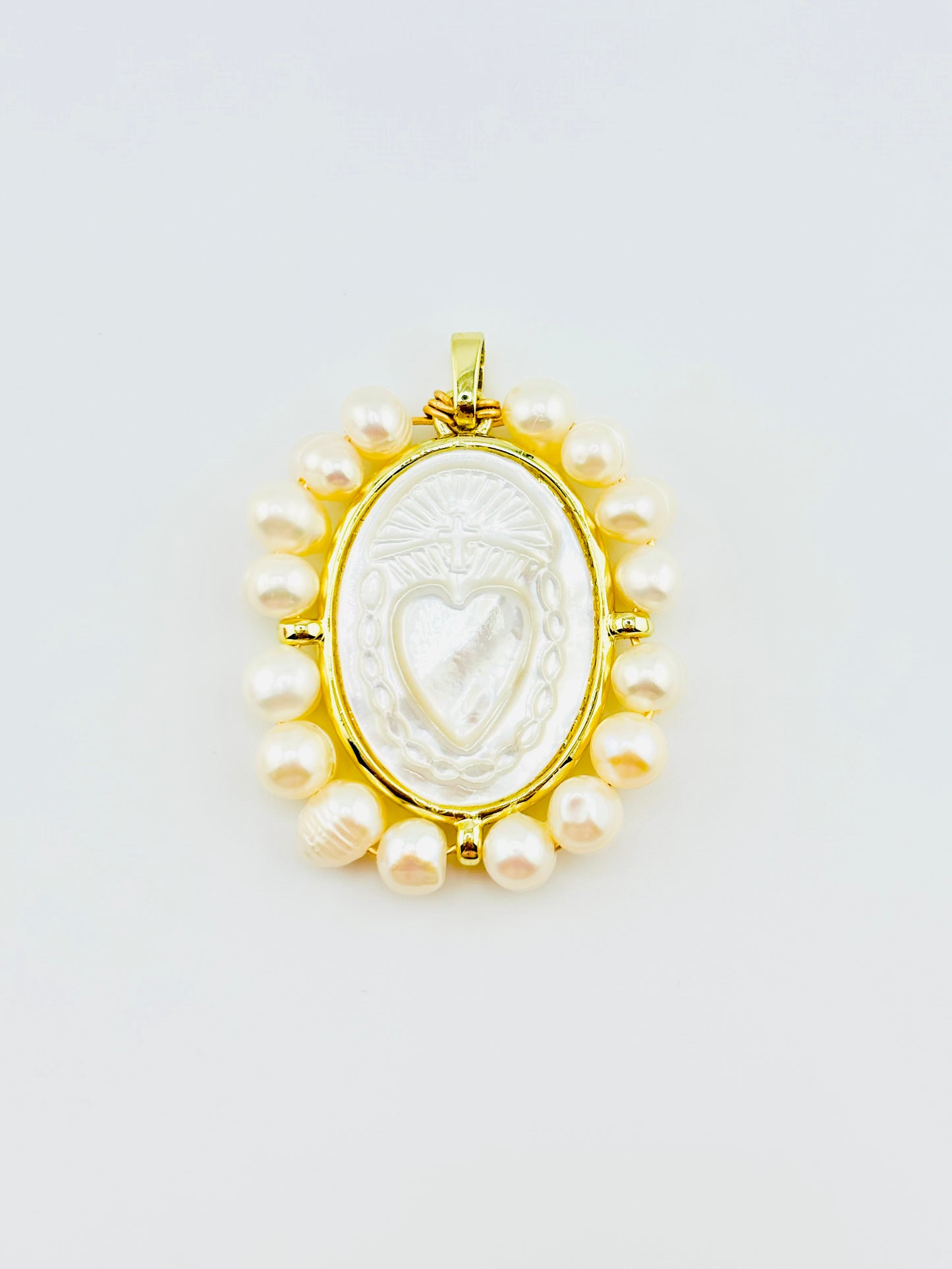 Sacred heart fresh water pearl 18k gold filled mother of pearl pendant