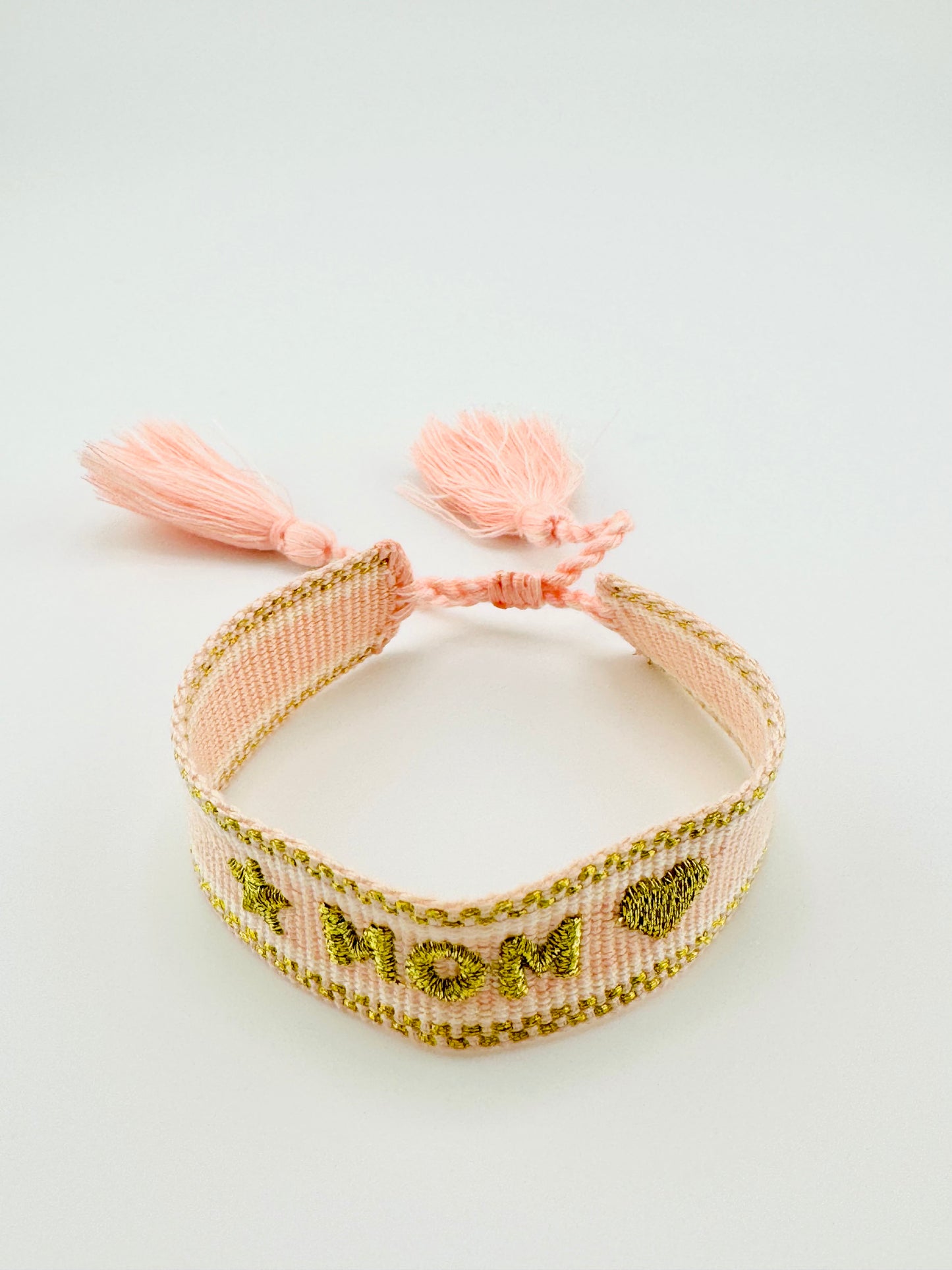 Emersyn Mom woven soft pink bracelet with gold