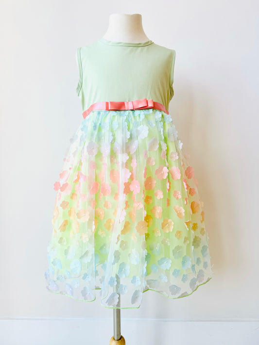 Felicity green dress for little girls with rainbow color flowers