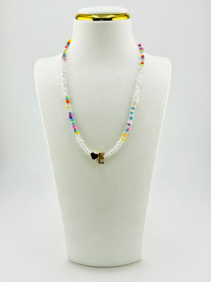 E beaded Initial necklace in white and pastel colors