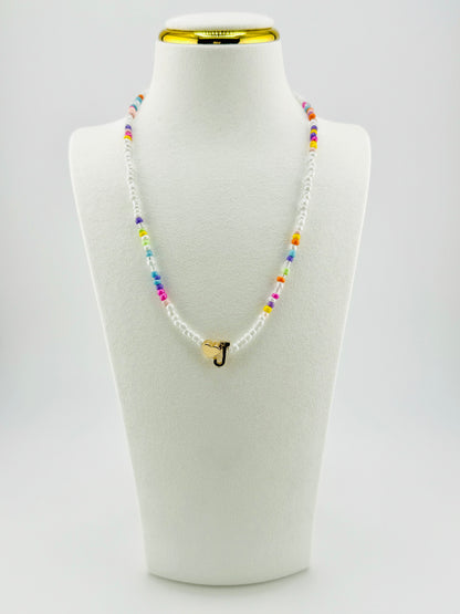 J beaded Initial necklace in white and pastel colors