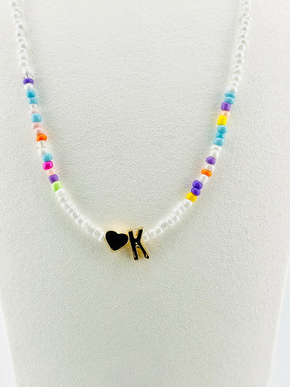 K beaded Initial necklace in white and pastel colors