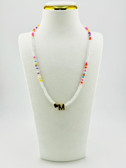 M beaded Initial necklace in white and pastel colors