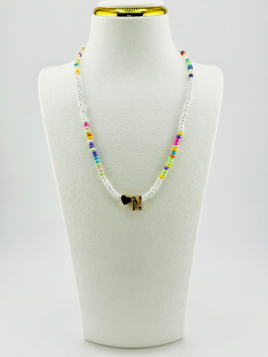N beaded Initial necklace in white and pastel colors