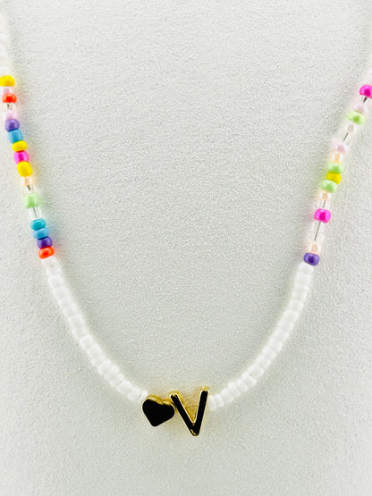 V beaded Initial necklace in white and pastel colors