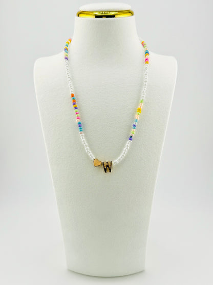 W beaded Initial necklace in white and pastel colors