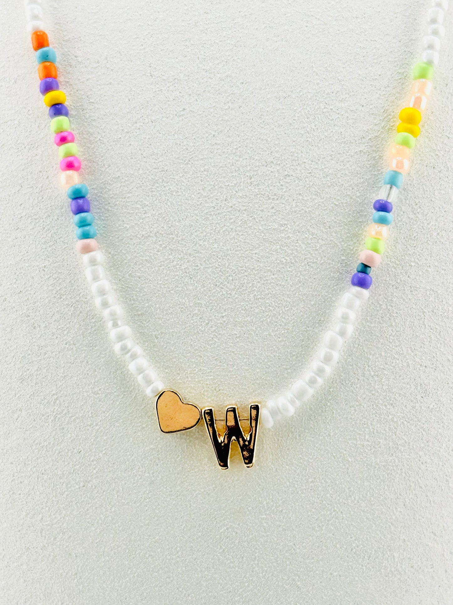 W beaded Initial necklace in white and pastel colors