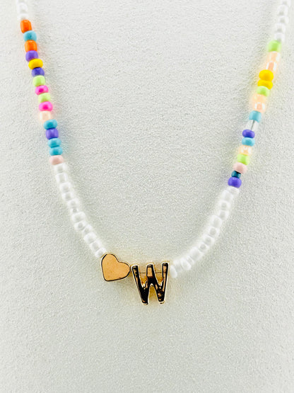 W beaded Initial necklace in white and pastel colors