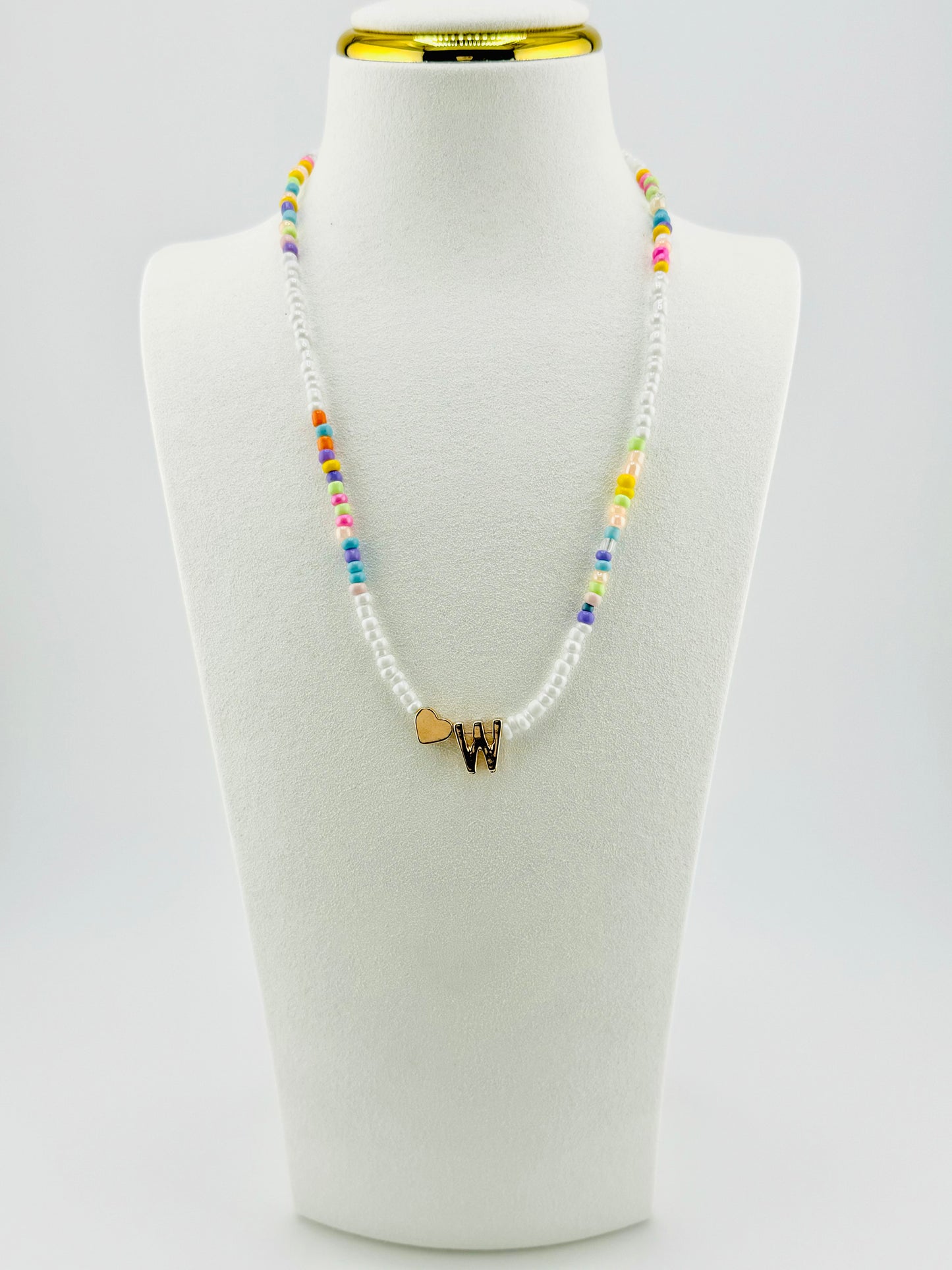 W beaded Initial necklace in white and pastel colors