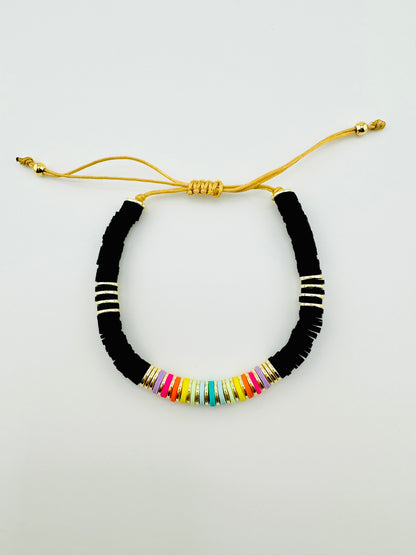 Maya black bracelet in clay beads and gold filled bracelet