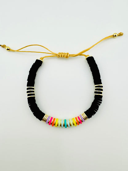 Maya black bracelet in clay beads and gold filled bracelet