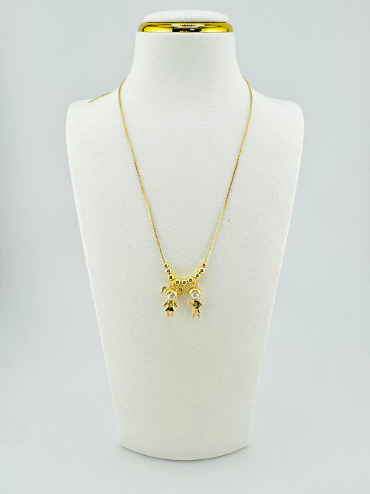 Boy and a girl 18k gold filled necklace with pearls