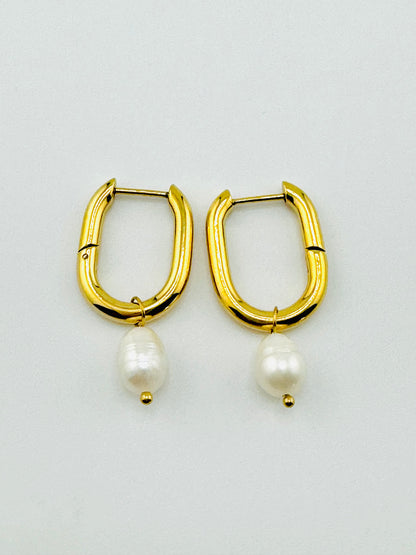 Pearl long 18k hoop earrings