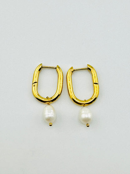 Pearl long 18k hoop earrings