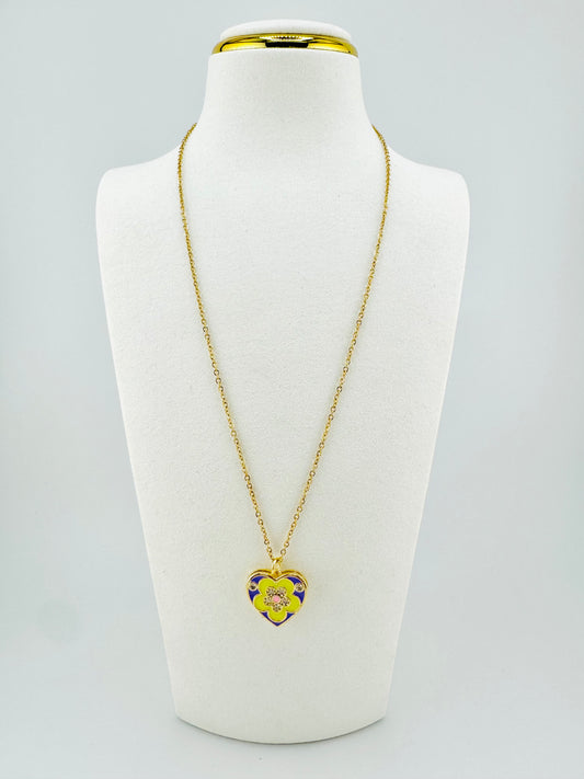Purple, Lime and cubic zirconia heart shaped  18k gold filled necklace