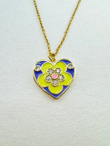 Purple, Lime and cubic zirconia heart shaped  18k gold filled necklace