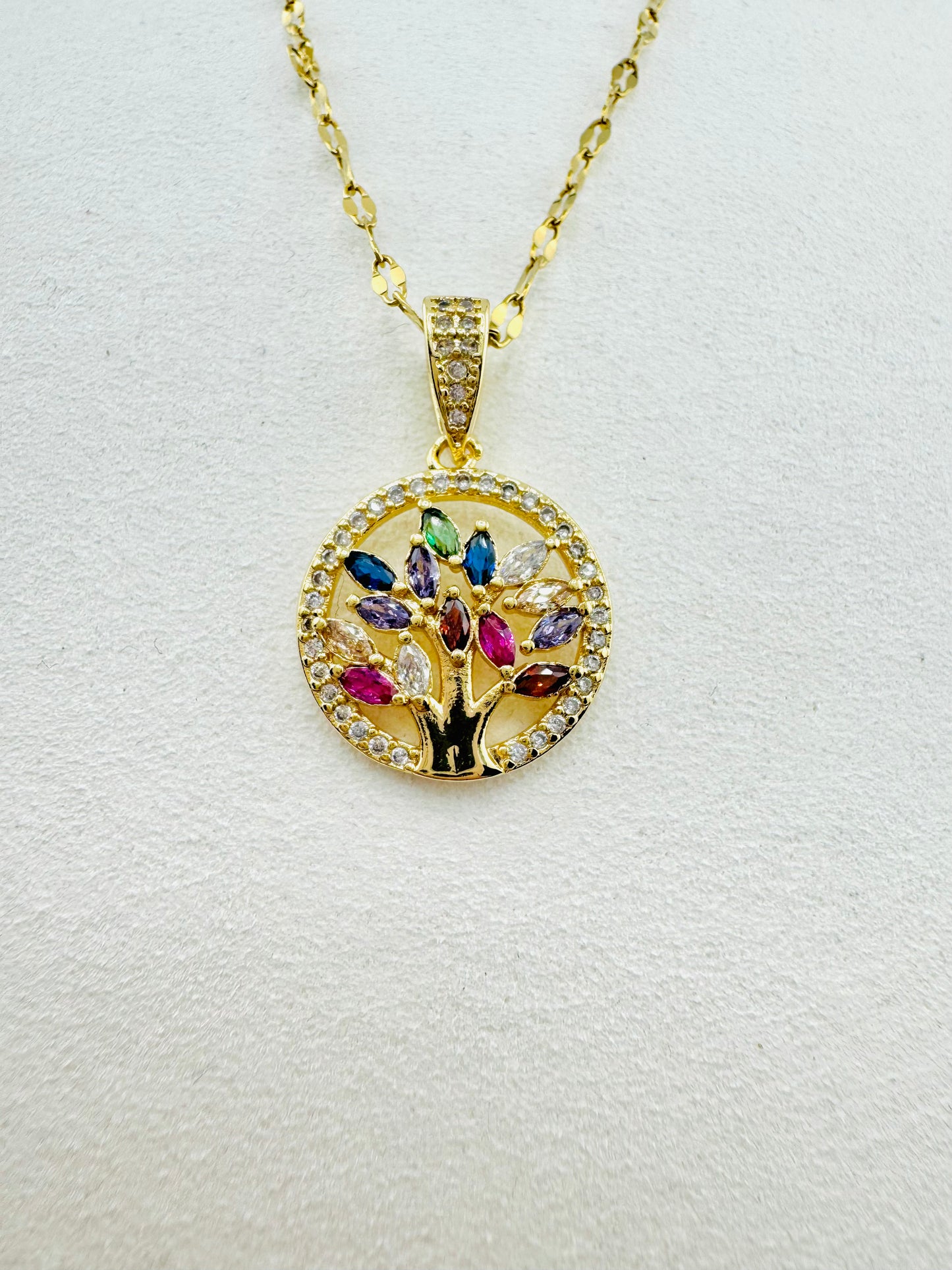 The Tree of life multicolored zirconias in 18k gold filled necklace chain