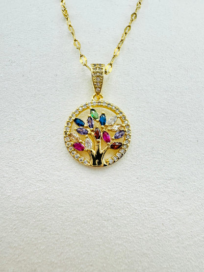 The Tree of life multicolored zirconias in 18k gold filled necklace chain