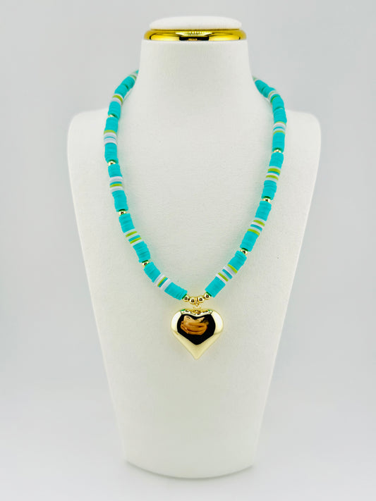 Teal heishi necklace with a heart pendant in 18k gold filled