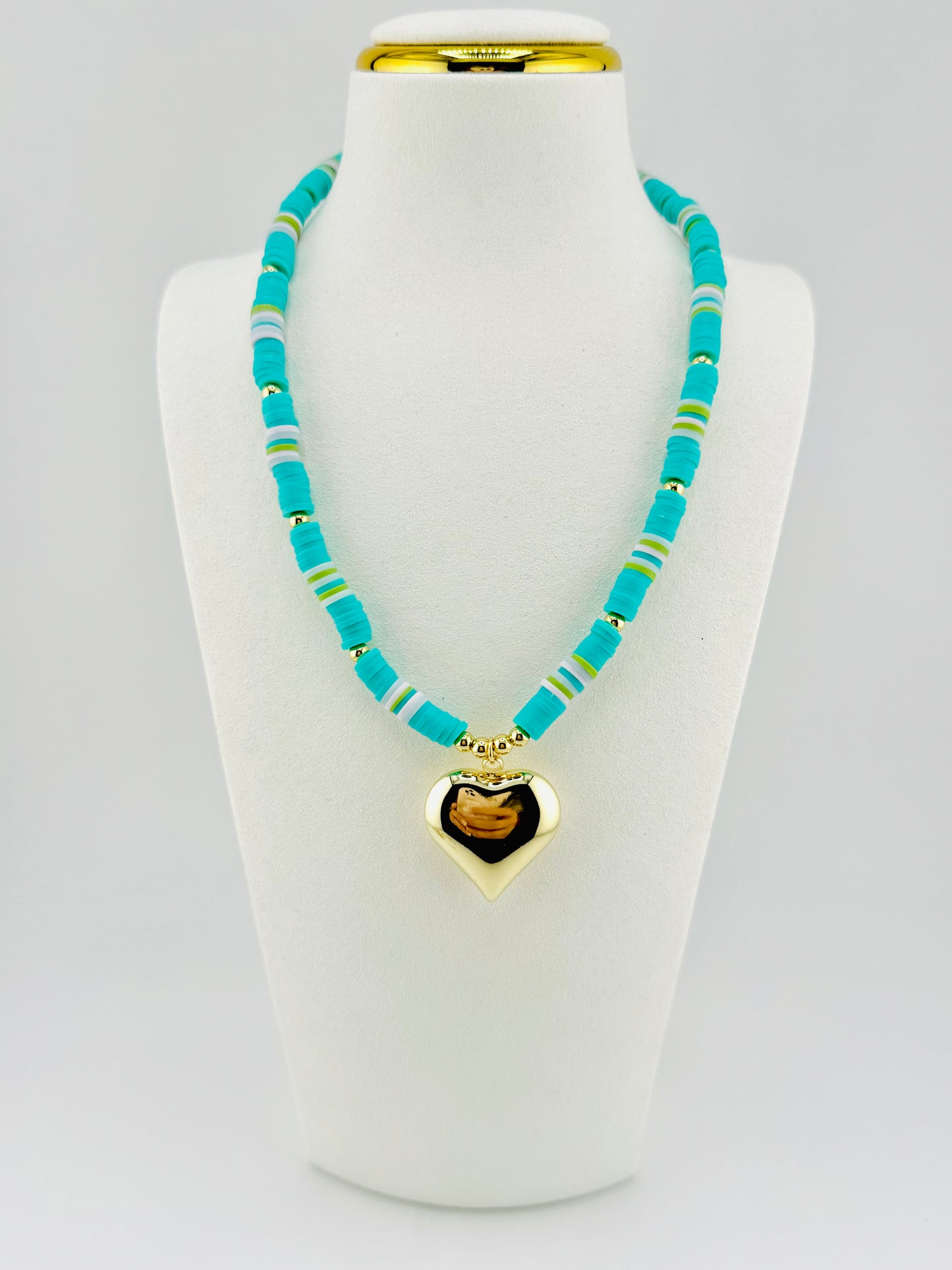 Teal heishi necklace with a heart pendant in 18k gold filled