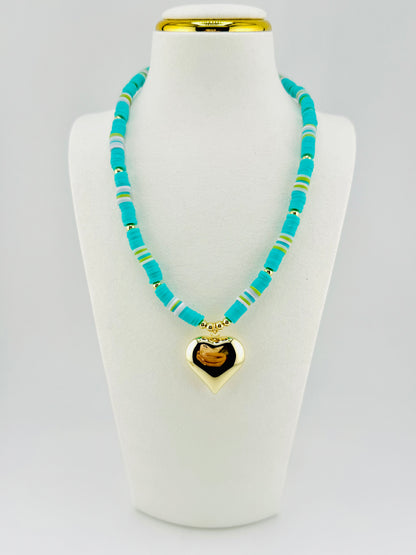 Teal heishi necklace with a heart pendant in 18k gold filled
