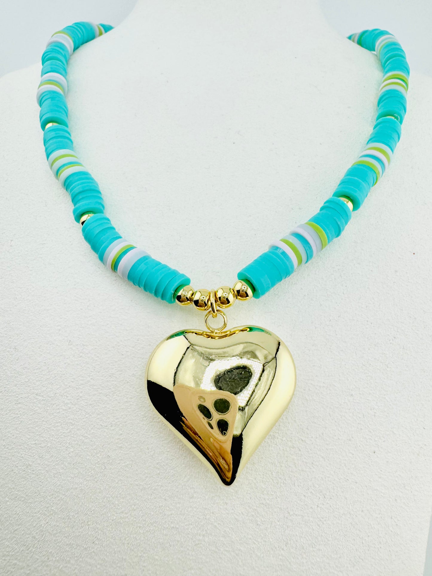 Teal heishi necklace with a heart pendant in 18k gold filled